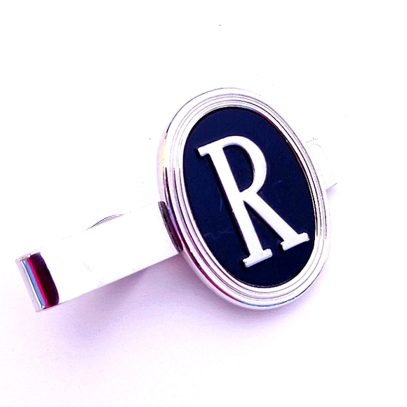 SWANK R TIE CLIP VINTAGE monogram "R" round silvertone 50s 60s silvertone black - Picture 2 of 7